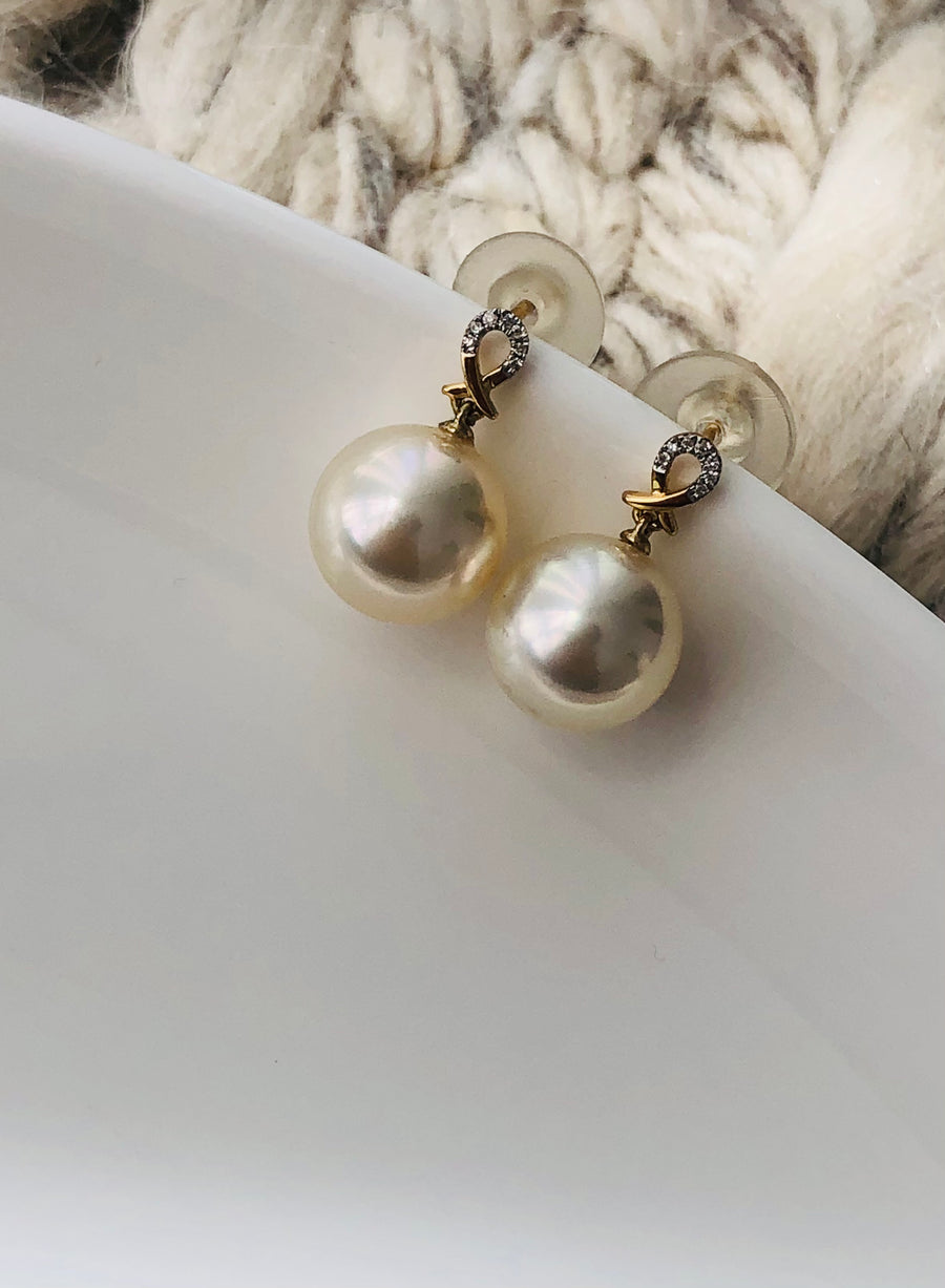 11-12mm Champagne Gold South Sea Pearl Diamond Drop Earrings