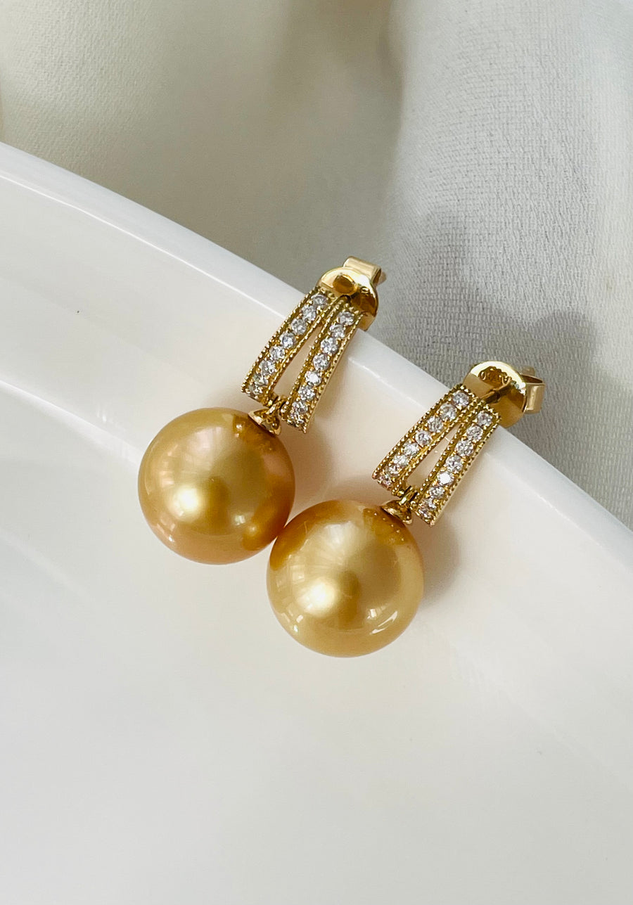 Golden South Sea Pearl Diamond Drop Earrings 18ct Yellow Gold