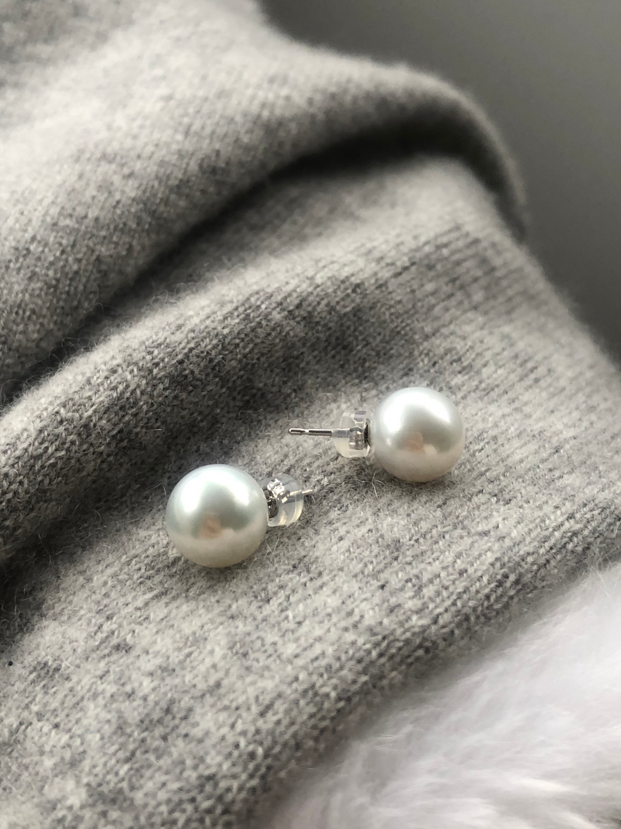 11-12mm White South Sea Pearl Earring Studs, 18 ct White Gold